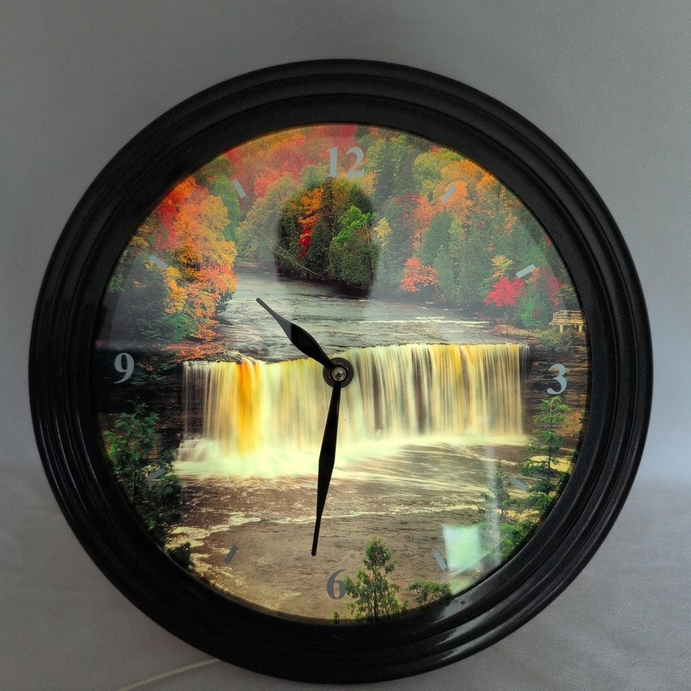 Waterfall Wall Clock Lighted Waves and Bird Sounds Relaxation Clock 14" Working